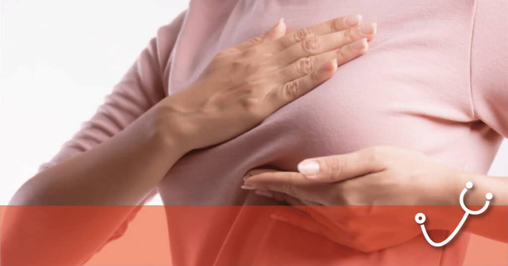 Close-up of a pregnant belly with hands resting on it; orange overlay and stethoscope graphic suggest prenatal care.