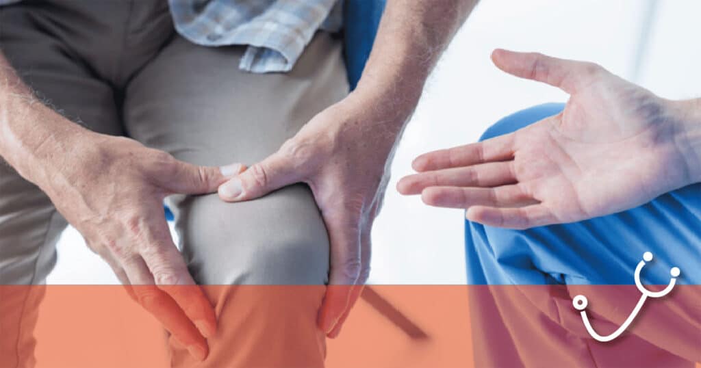 Two caregivers assist a person with knee pain or injury, hands supporting the knee in a care/therapy context, with an orange overlay and stethoscope icon graphic on the bottom corner.
