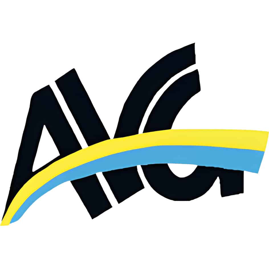 Brand logo with bold black letters and a yellow-blue ribbon suggesting the Ukrainian flag.