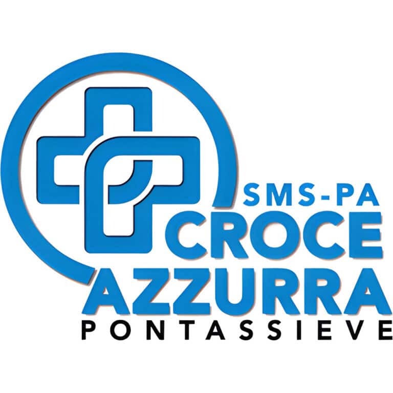 Logo for SMS-PA Croce Azzurra Pontassieve: blue circular emblem with a stylized cross and bold blue textCroce Azzurra Pontassieve on the right side/bottom.