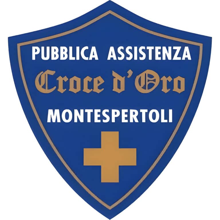 Blue shield badge with a gold cross and border, reading 'Pubblica Assistenza Croce d'Oro Montespertoli'.