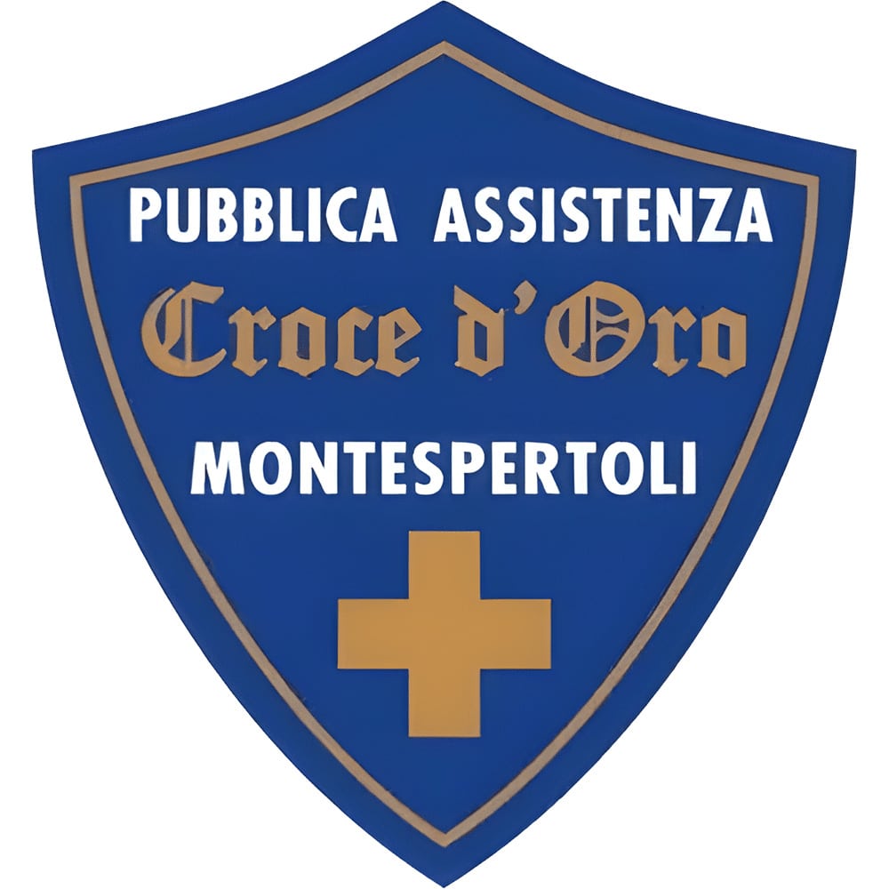 Blue shield badge with a gold cross and border, reading 'Pubblica Assistenza Croce d'Oro Montespertoli'.
