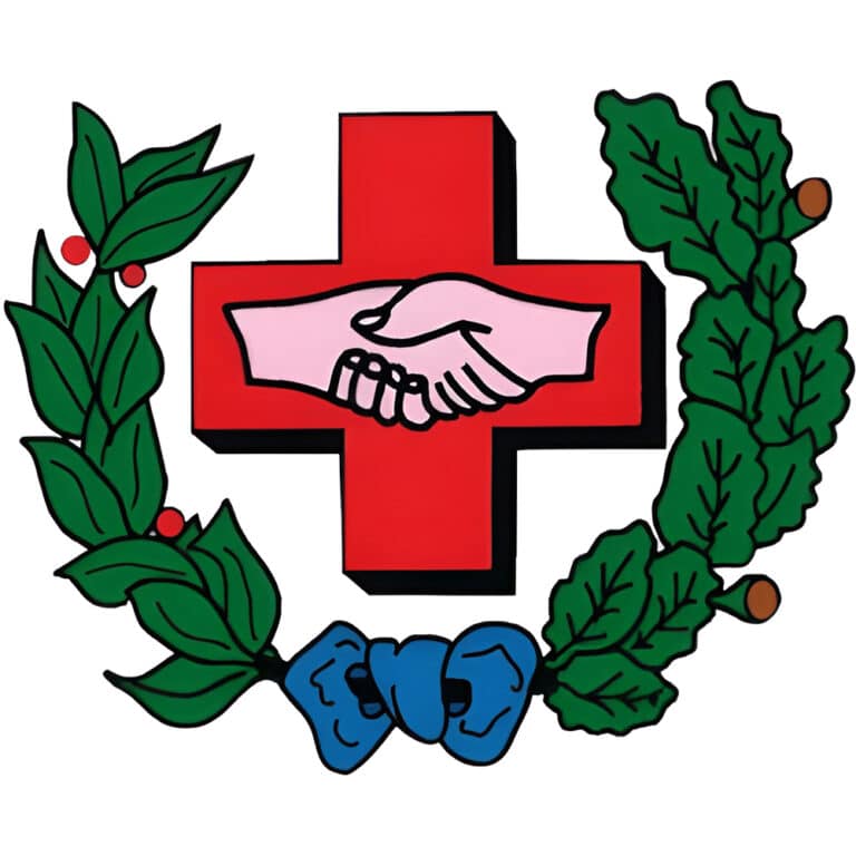 Red cross emblem with a pink handshake at center, framed by green holly leaves and a blue bow, symbolizing aid or charity.