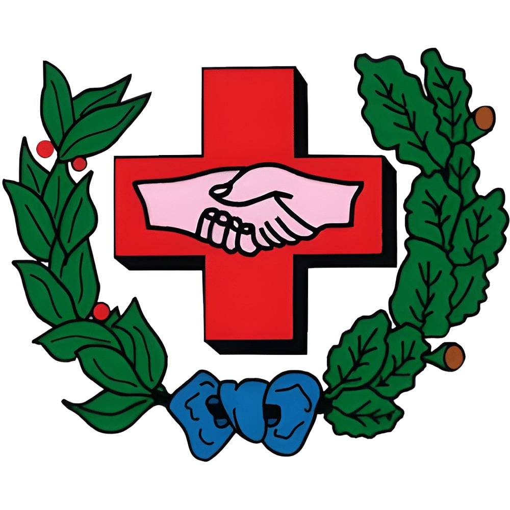 Red cross emblem with a pink handshake at center, framed by green holly leaves and a blue bow, symbolizing aid or charity.