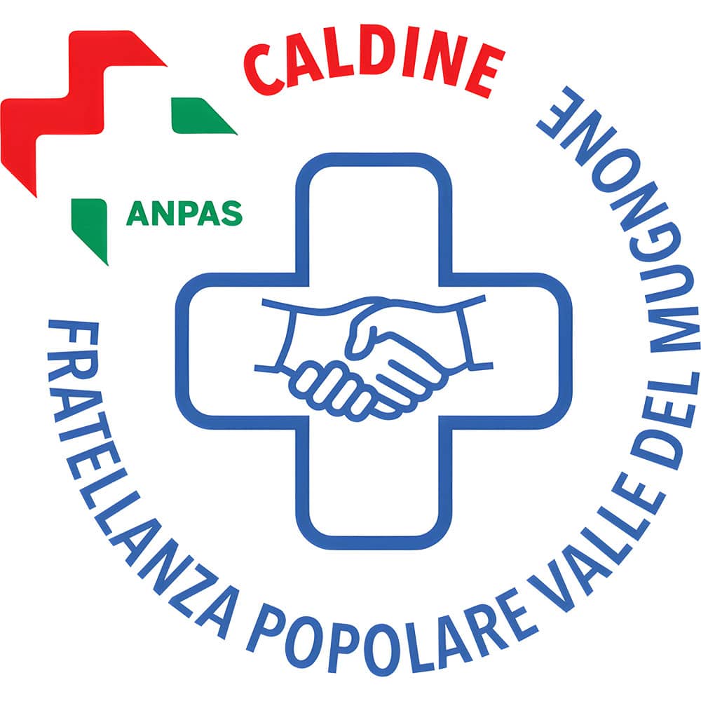 Logo: blue medical cross with a handshake at center, red and green abstract shapes top-left, circular text reading 'CALDINE FRATELLANZA POPOLARE VALORE' and 'ANPAS' on the side.