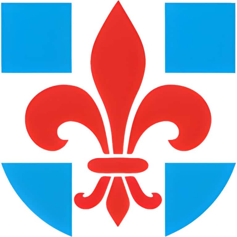 Heraldic emblem featuring a red fleur-de-lis centered on a white shield with blue quartered corners and bottom border.