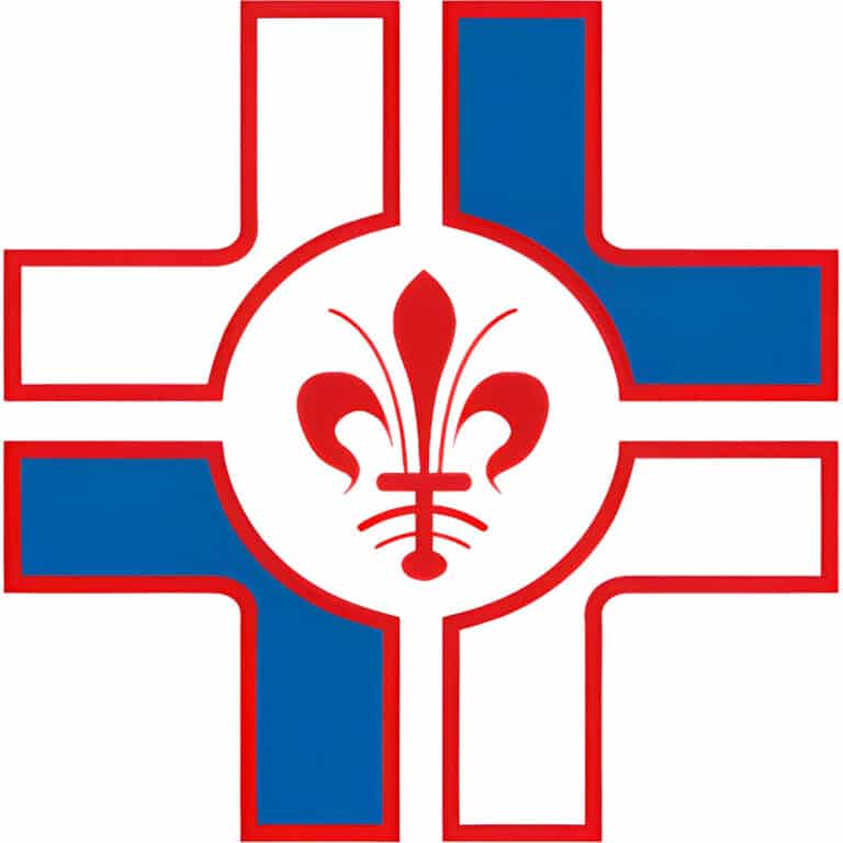 Red-outlined cross with blue-filled arms and a white circular center displaying a red fleur-de-lis emblem at the middle.