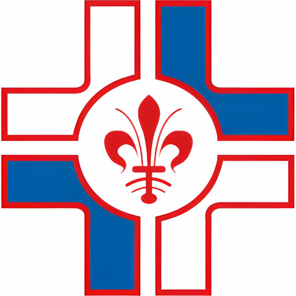 Red-outlined cross with blue-filled arms and a white circular center displaying a red fleur-de-lis emblem at the middle.