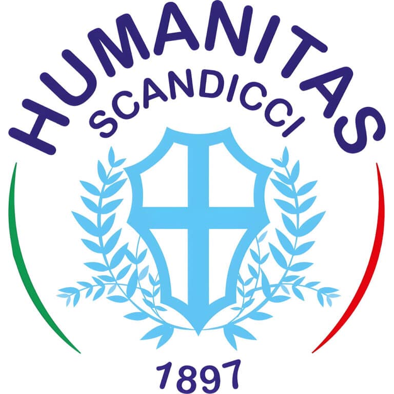 Logo of Humanitas Scandicci: blue shield with cross, laurel branches, green and red arcs, and the year 1897.