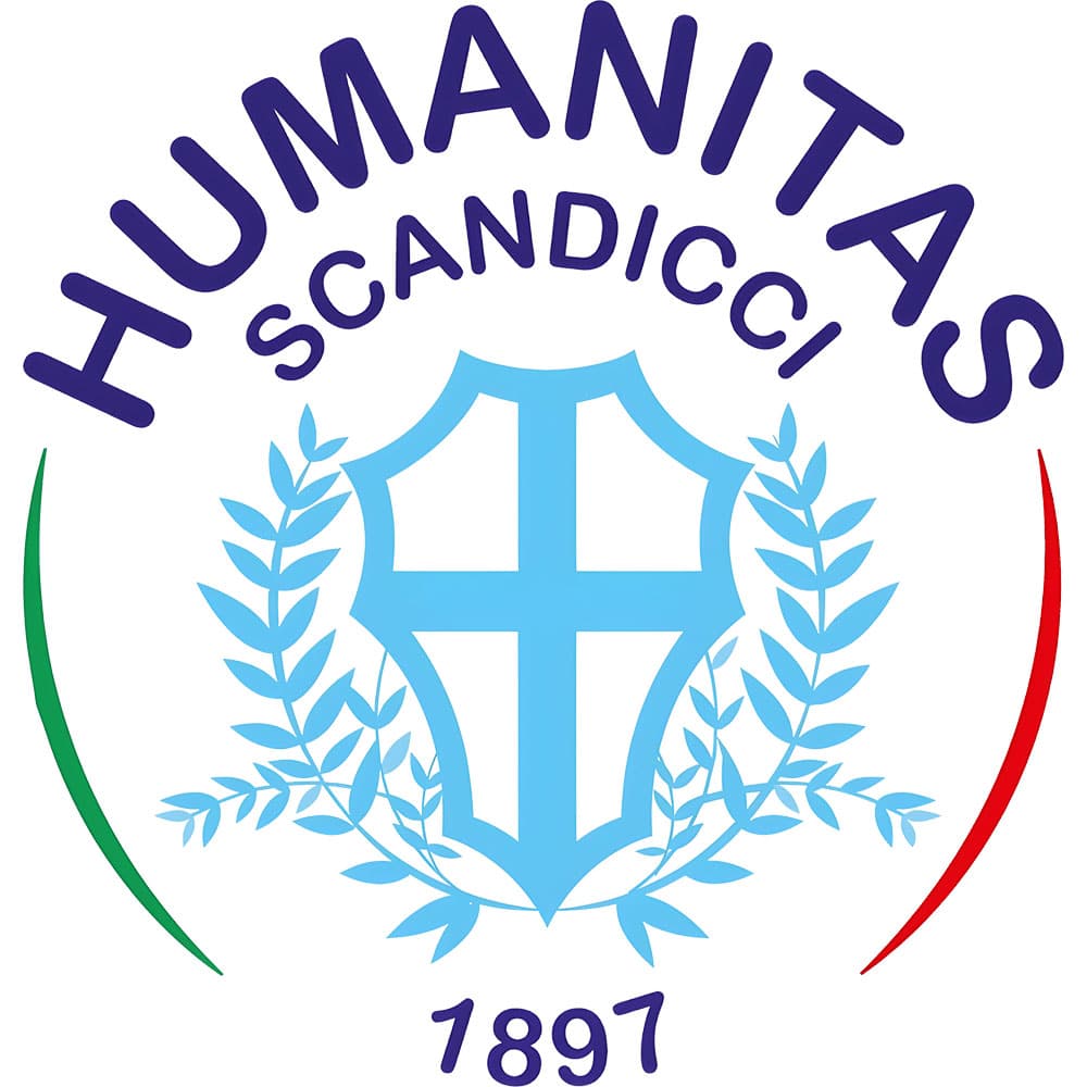 Logo of Humanitas Scandicci: blue shield with cross, laurel branches, green and red arcs, and the year 1897.
