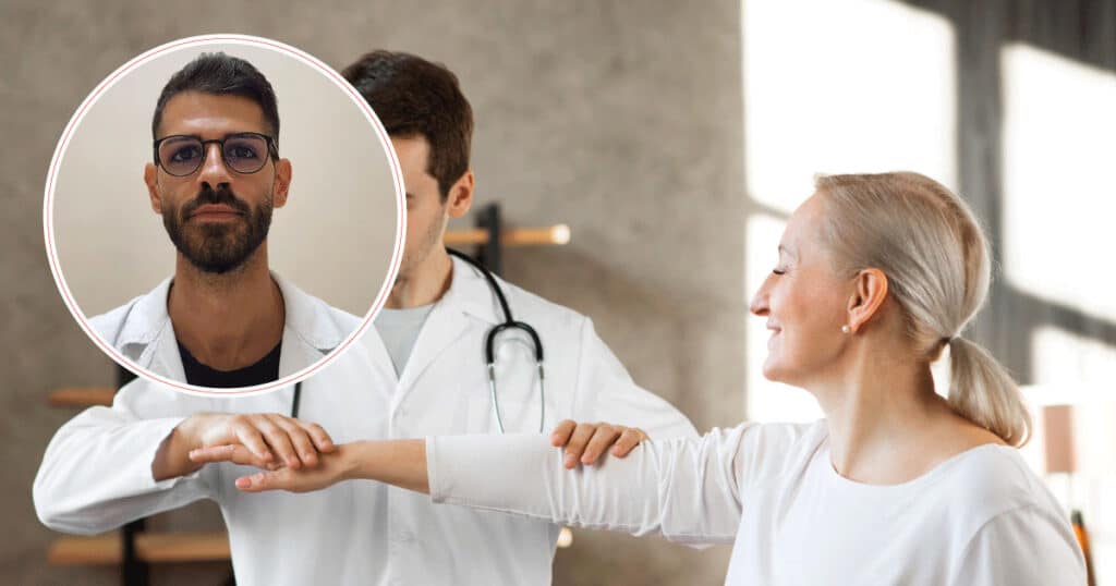 Doctor in a white coat guiding an elderly woman through an arm stretch in a clinical room; inset shows a male doctor with glasses.