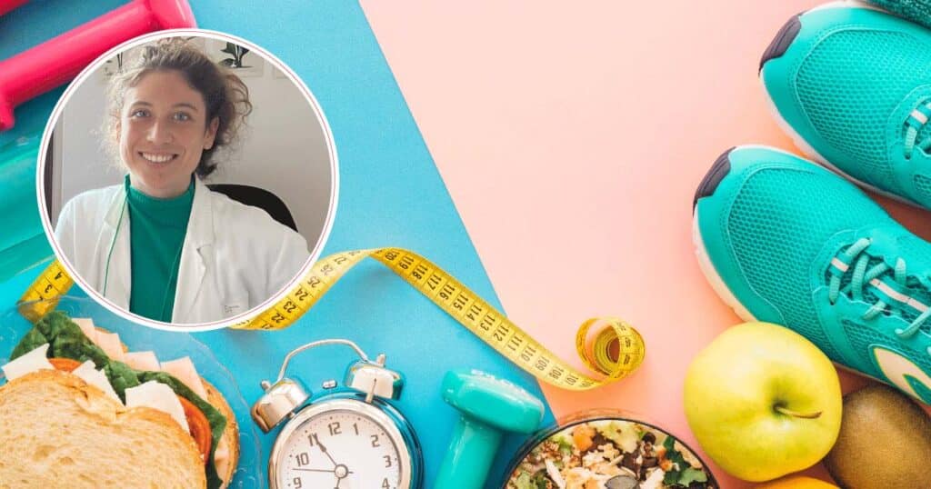 Smiling doctor in a white coat within a circular frame over a colorful fitness flat lay (sneakers, salad, bread, apple, measuring tape, clock).