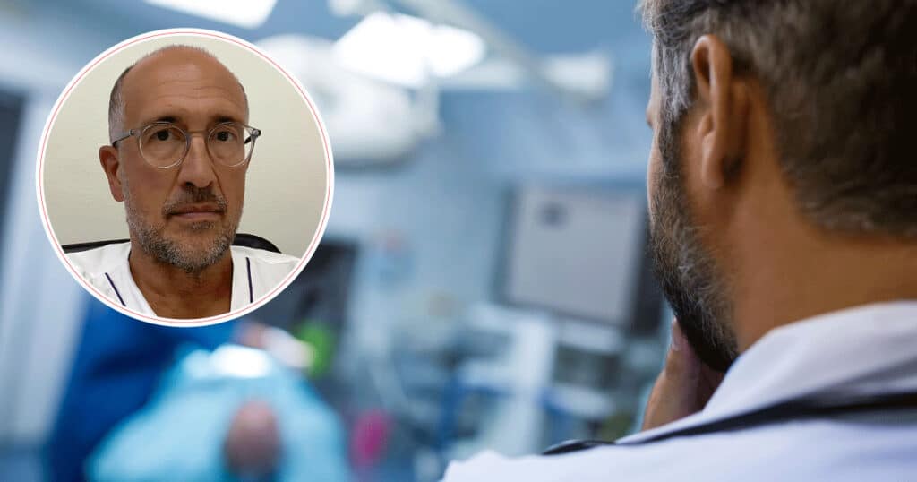 Surgeon in an operating room seen from behind; circular inset shows a doctor with glasses headshot.