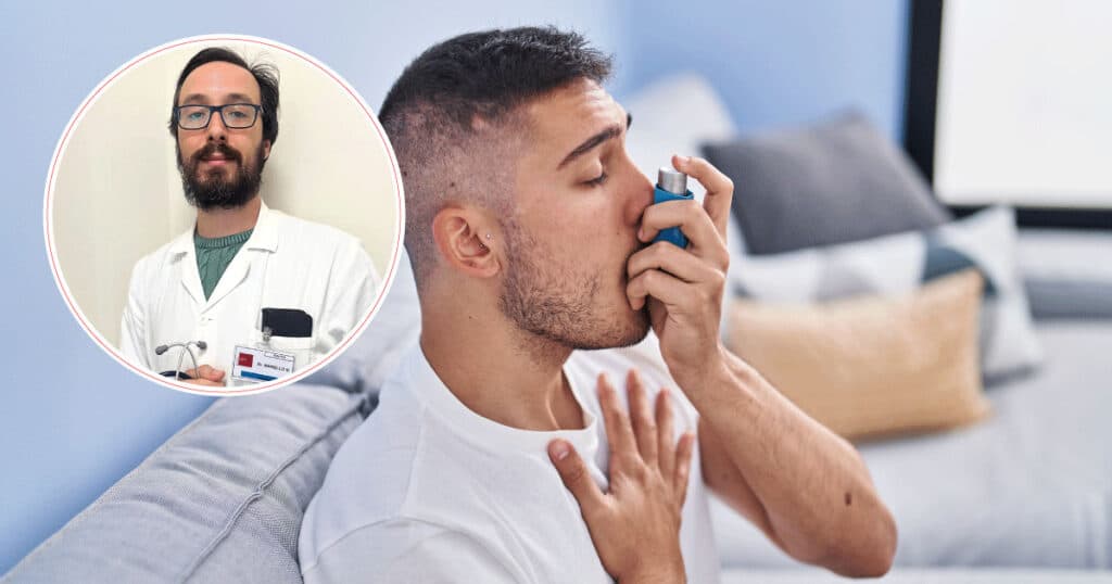 Man uses an inhaler for breathing relief on a couch, with a circular inset portrait of a doctor in a white coat nearby.
