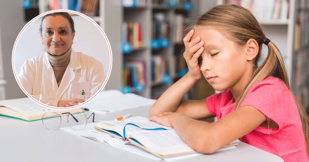 Young girl studying at a table with books, resting her head on her hand in a library; circular inset shows a smiling doctor in a white coat.