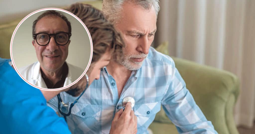 Doctor uses stethoscope to listen to patient’s chest during a home visit; circular inset portrait of the doctor wearing glasses appears on the left.
